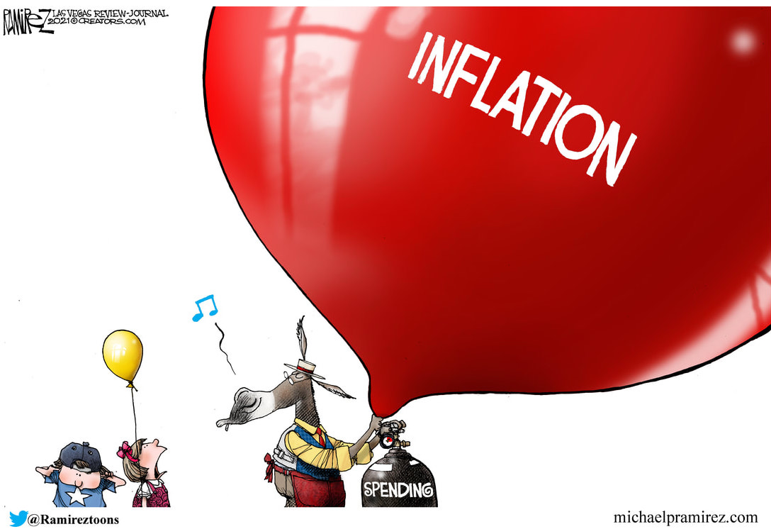 cartoon from Ramirez on the inflation bubble being pumped up with Washington spending
