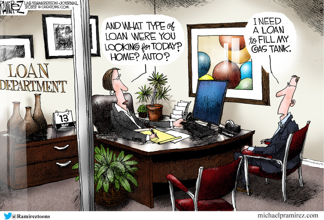 Ramirez cartoon showing a consumer applying for a bank loan to fill his gas tank