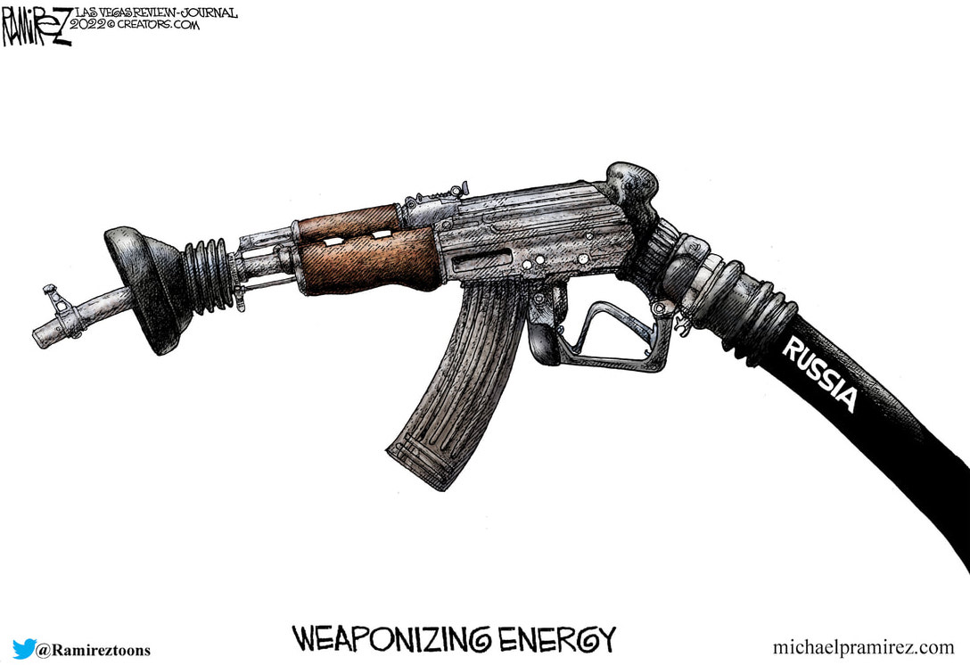 Ramirez cartoon illustrating Russia's weaponization of oil
