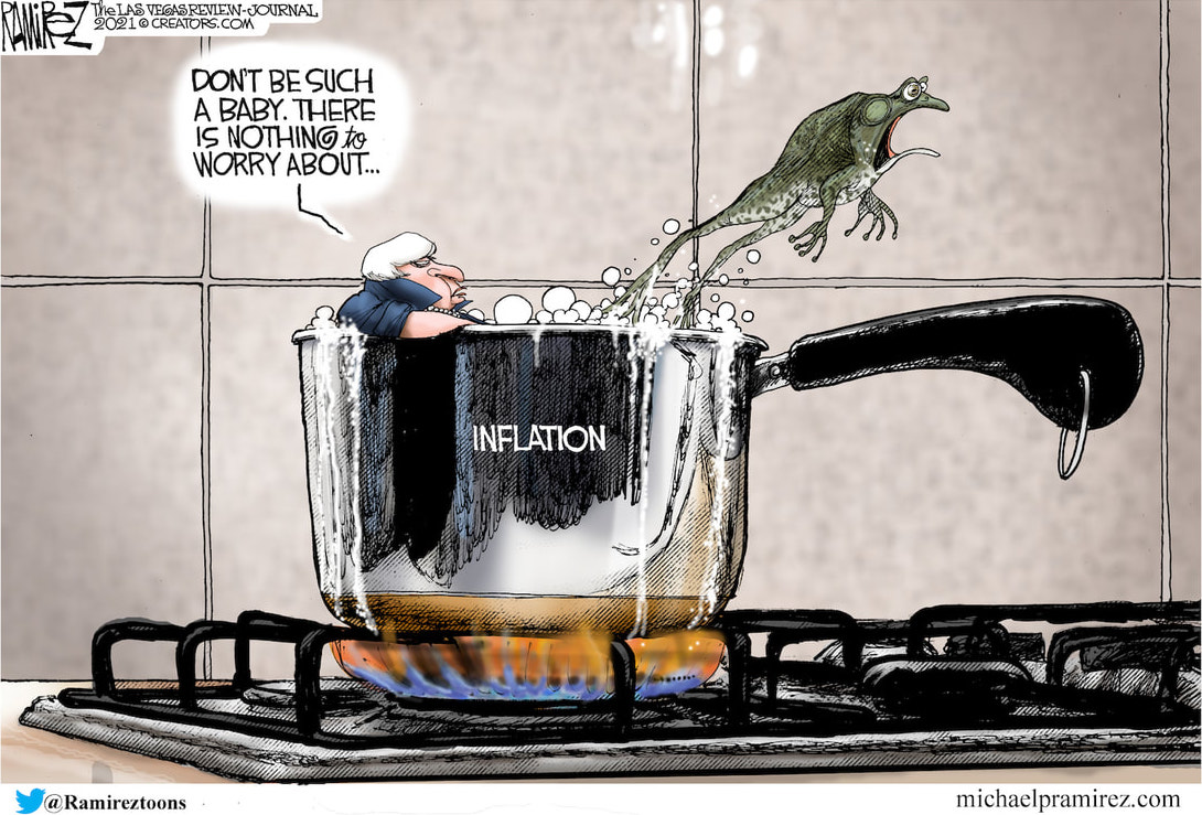 Ramirez cartoon of Treas Sec sitting in a pot of boiling water while an alarmed frog leaps out