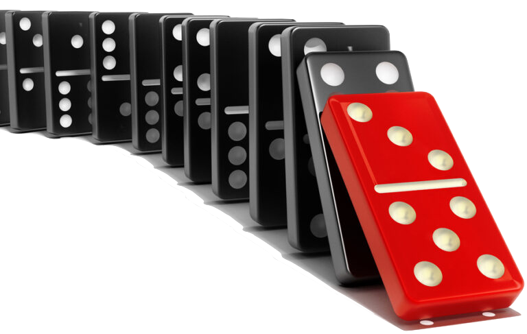 graphic illustration of a row of dominoes with a red dominoe ready to fall into the rest