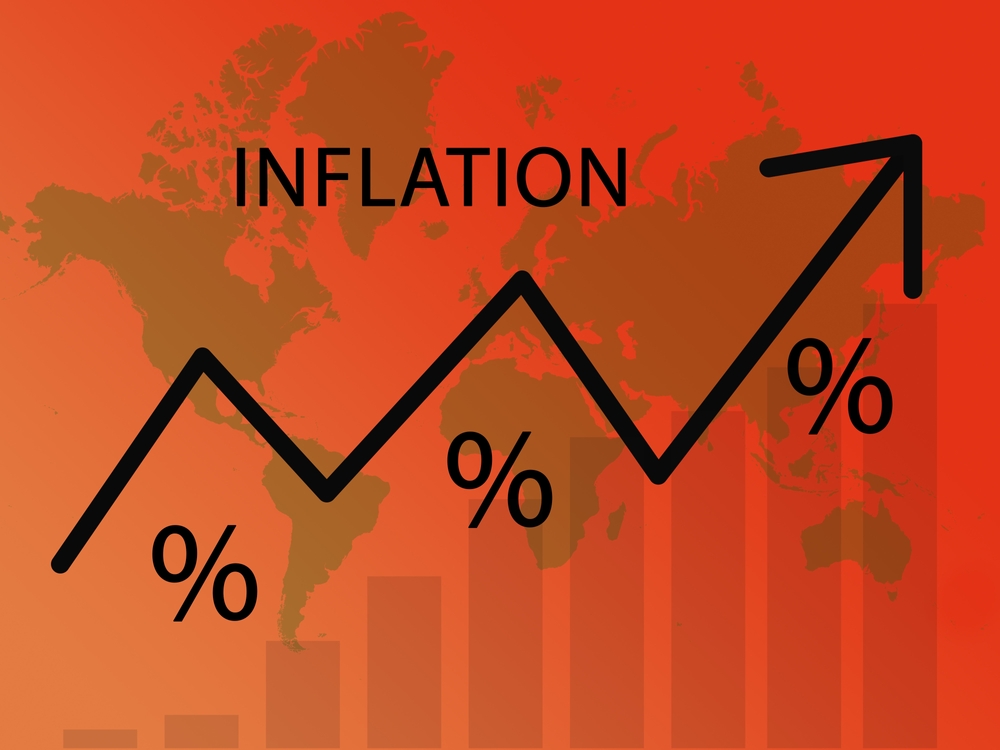 grpahic image of a red inflation sign with arrow higher and rising percentages