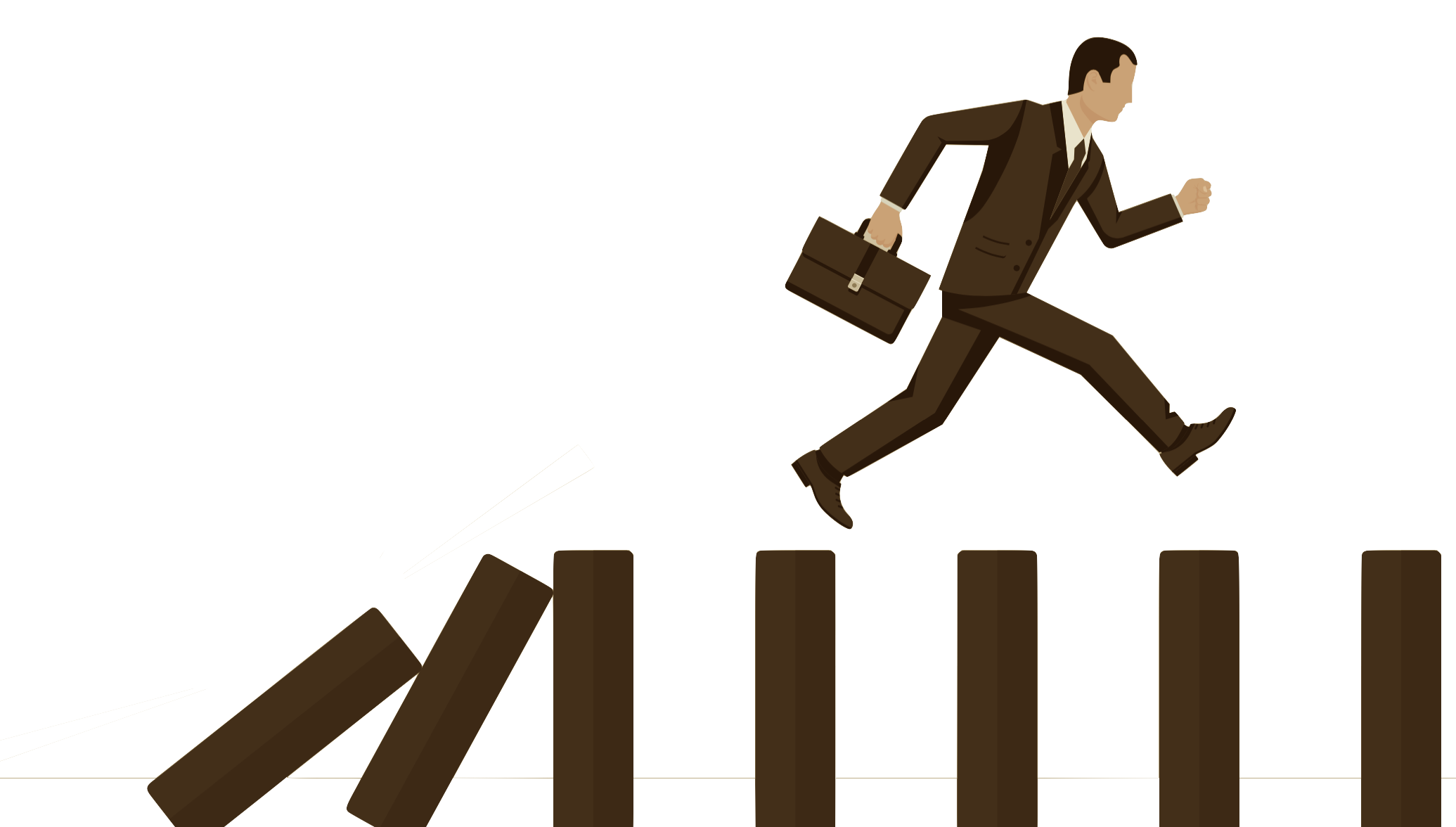 graphic illustration of investor running on falling dominoes