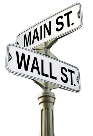 graphic image of street sign showing the corner of Wall Street and Main Street USAG