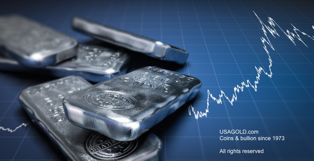 image of silver bars with rising chart trend line in background