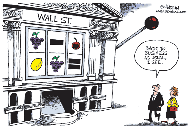 Cartoon showing Wall Street as a slot machine