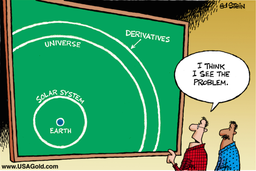 cartoon showing the massive influence of derivatives on financial markets