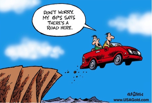 stein cartoon of car driving off cliff