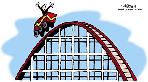 stein cartoon roller coaster rider reaches top not knowing what's ahead