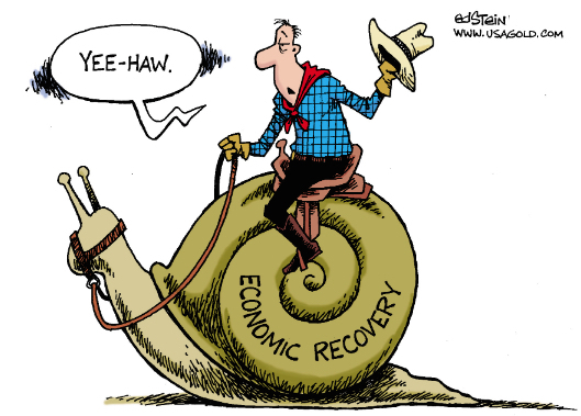 cartoon of cowboy riding snail that reads economic recovery saying yee-haw
