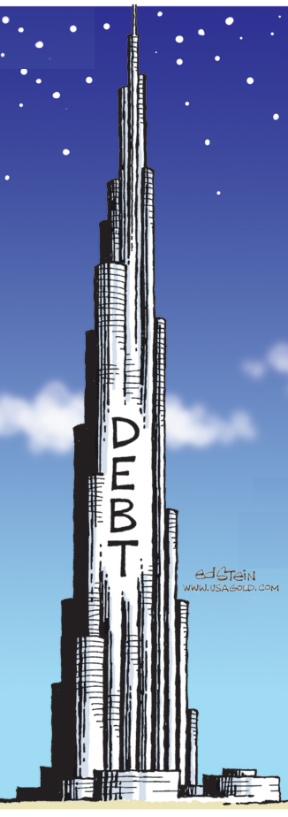 grapic image of towering debt skyscraper reaching for the stars