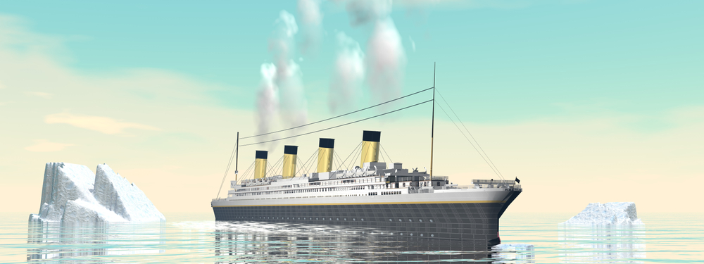 artist rendering of the Titanic and icebergs