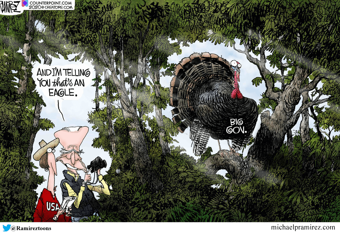 cartoon showing Biden calling big gov turkey an eagle