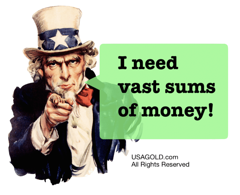 Uncle Sam poster with quote bubble saying 'I need vast sums of money!'