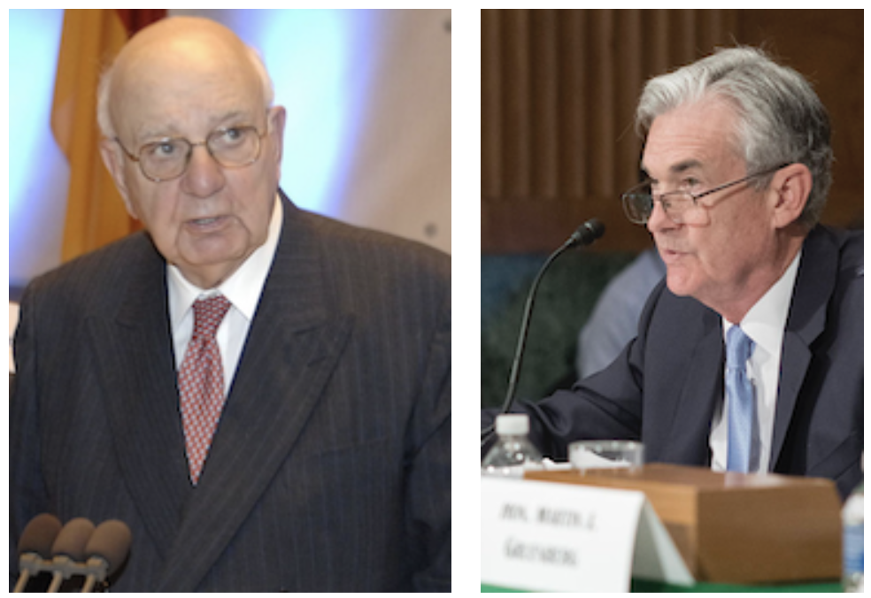 photographs of Paul Volcker and Jerome Powell