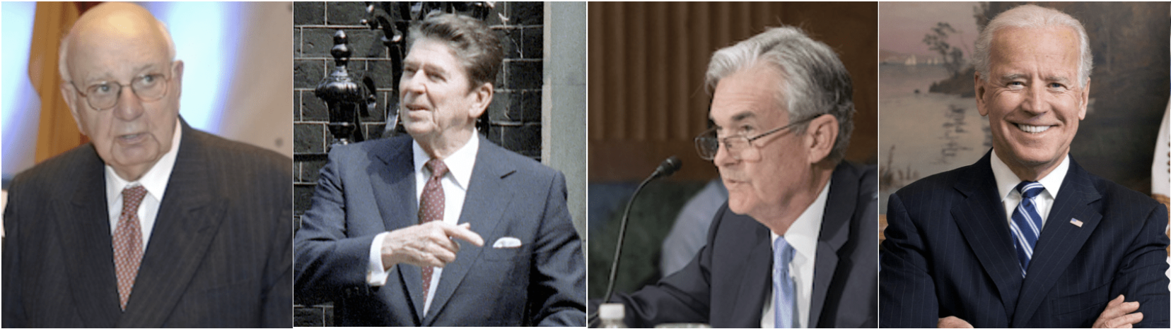 photographs of Paul Volcker, Ronald Reagan, Jerome Powell and Joe Biden