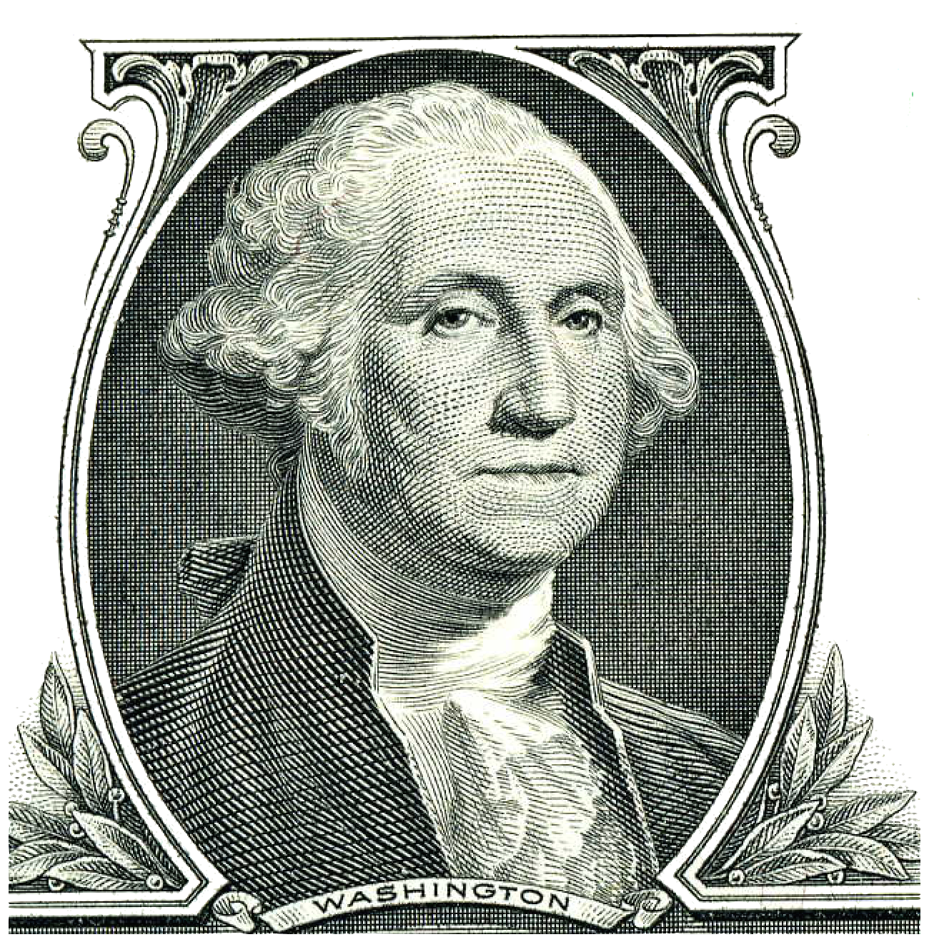 Graphic image of George Washington as he appears on the one dollar bill