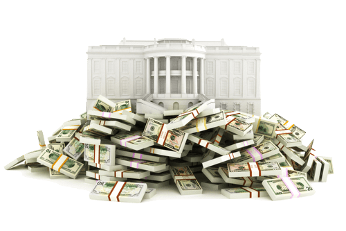 graphic image of the White House with piles of dollars